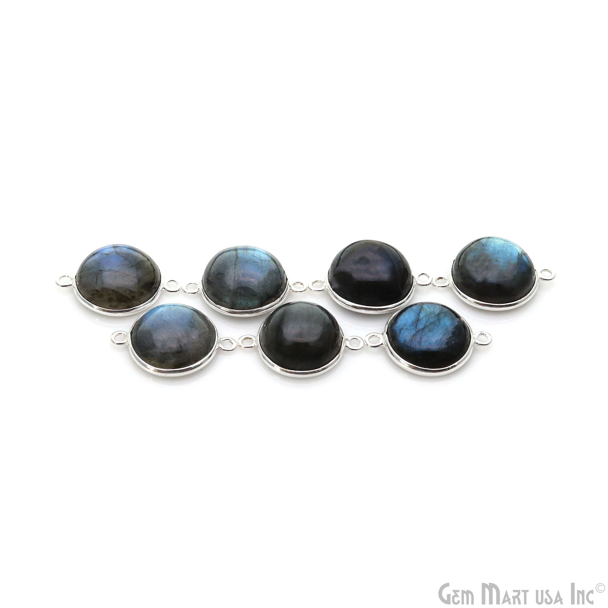 Flashy Labradorite Cabochon 14mm Round Double Bail Silver Plated Gemstone Connector