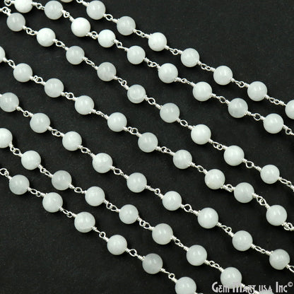 White Jade Smooth Beads 6mm Silver Plated Wire Wrapped Rosary Chain