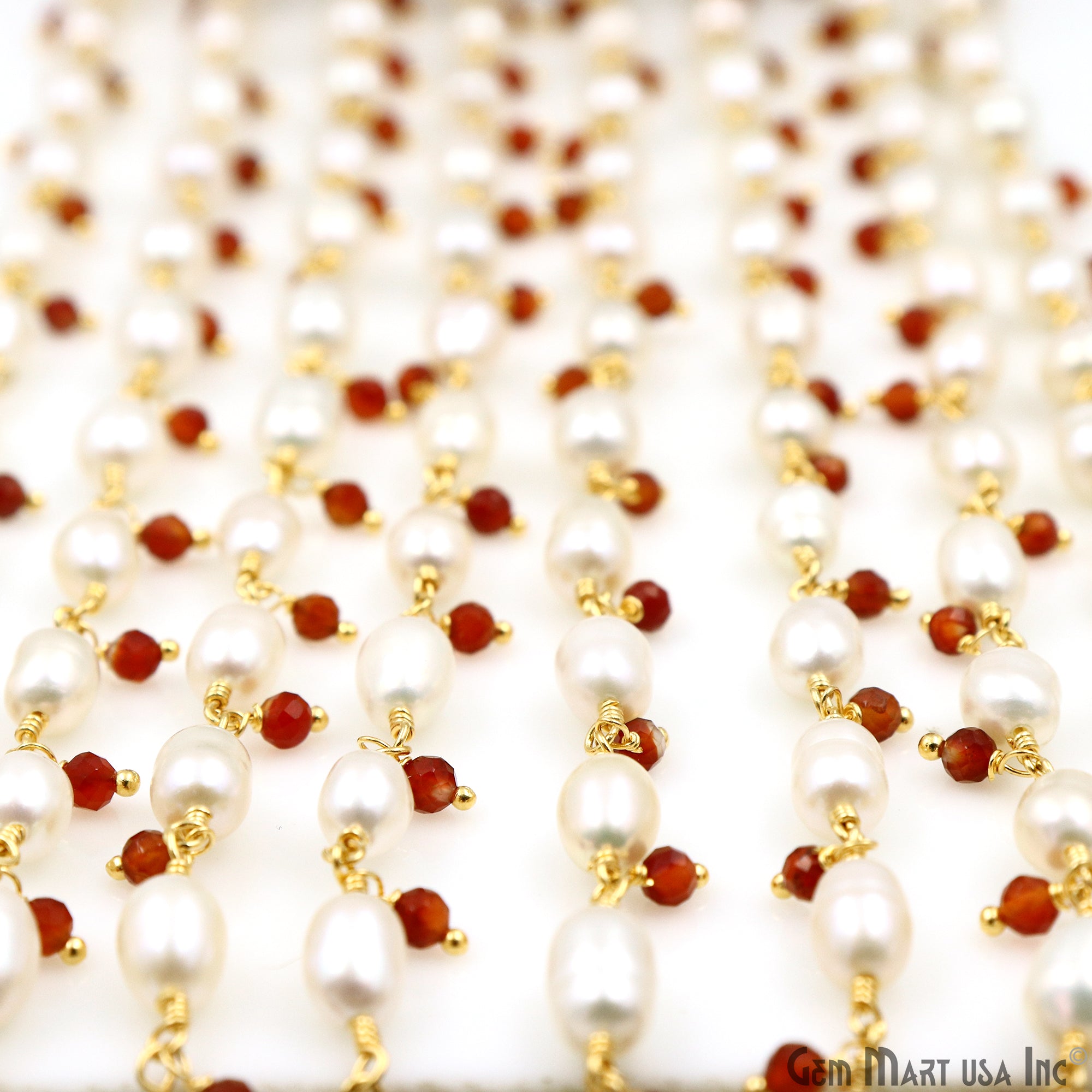 Pearl And Carnelian Faceted Beads Gold Wire Wrapped Beads Rosary Chain