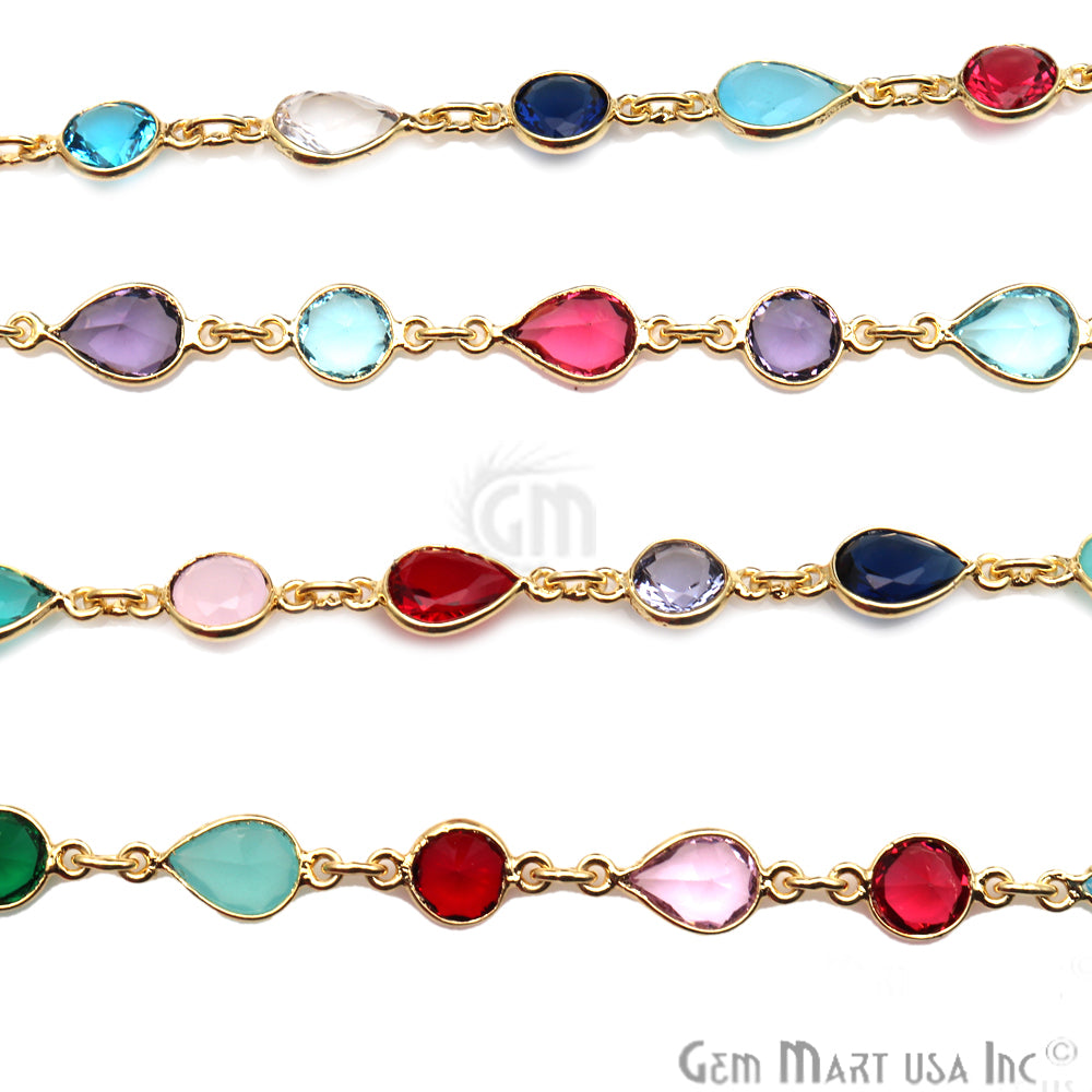 Multi Stone Gold Plated Round 6mm & Pears 6x8mm Bezel Continuous Connector Chain - GemMartUSA