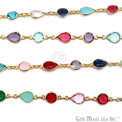 Multi Stone Gold Plated Round 6mm & Pears 6x8mm Bezel Continuous Connector Chain - GemMartUSA