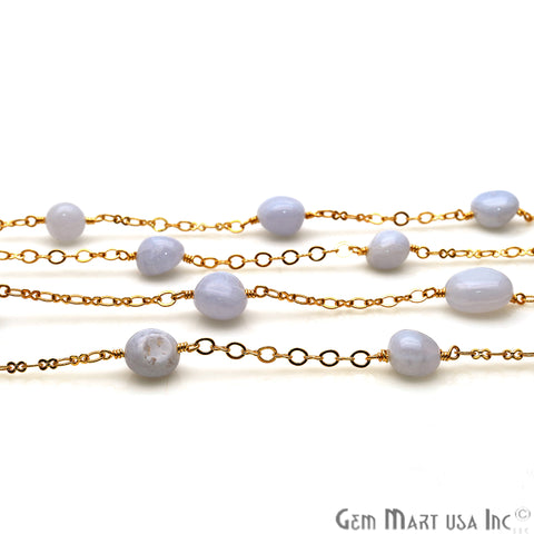Blue Lace Agate Tumble Beads Gold Plated Rosary Chain