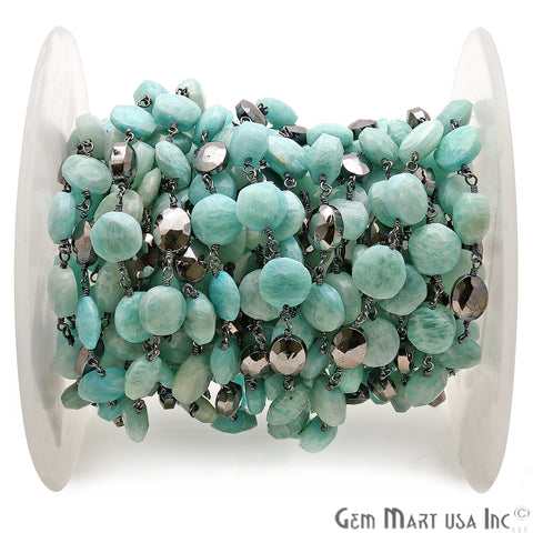 Amazonite & Black Pyrite 8-9mm Oxidized Rough Beads Rosary Chain - GemMartUSA