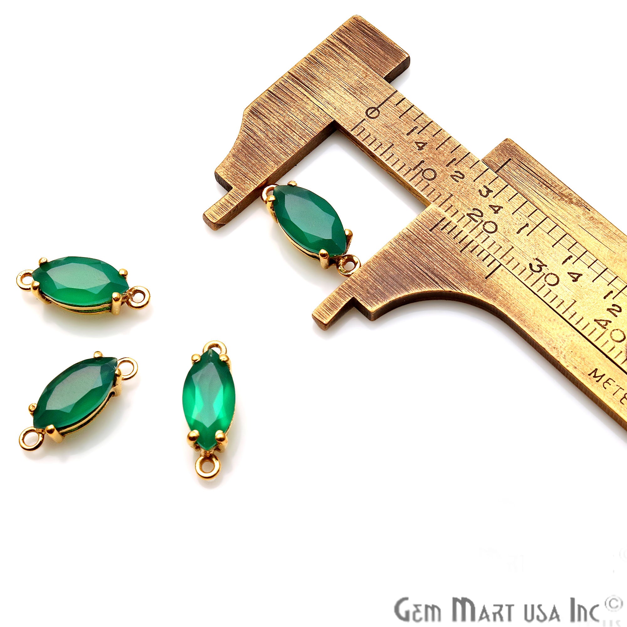 Green Onyx 6x12mm Marquise Gold Plated Prong Setting Gemstone Connector (Pick Bail) - GemMartUSA