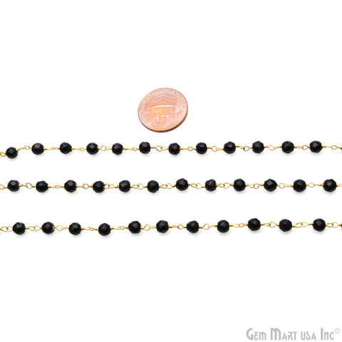Black Spinel 4mm Round Faceted Beads Gold Plated Rosary Chain