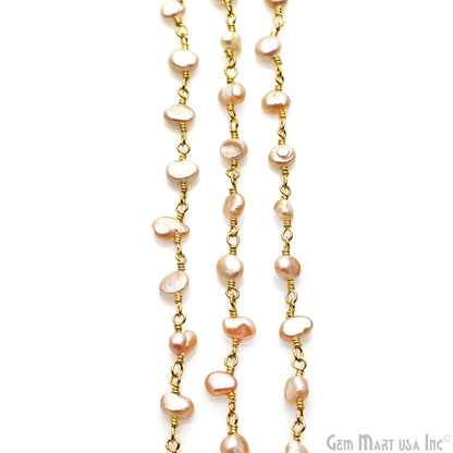 Pink Pearl Free Form 5-6mm Gold Wire Wrapped Beads Rosary Chain