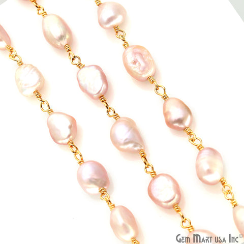 Pink Pearl Nugget Beads 10-15mm Gold Plated Wire Wrapped Rosary Chain