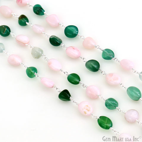 Shaded Green Onyx & Pink Opal 8x5mm Tumble Beads Silver Plated Rosary Chain