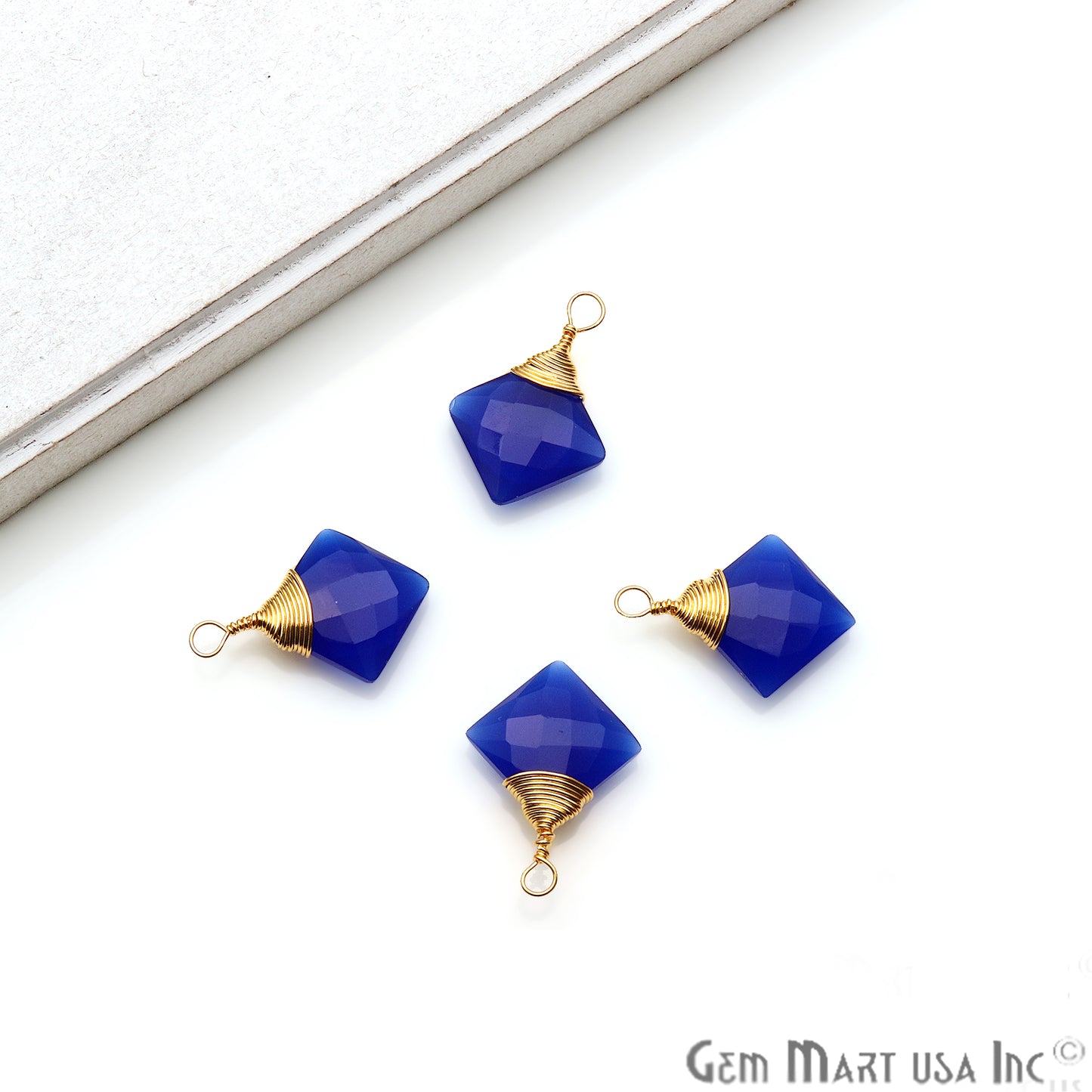 Blue Chalcedony Square 12mm Gold Plated Wire Wrapped Gemstone Connector - GemMartUSA