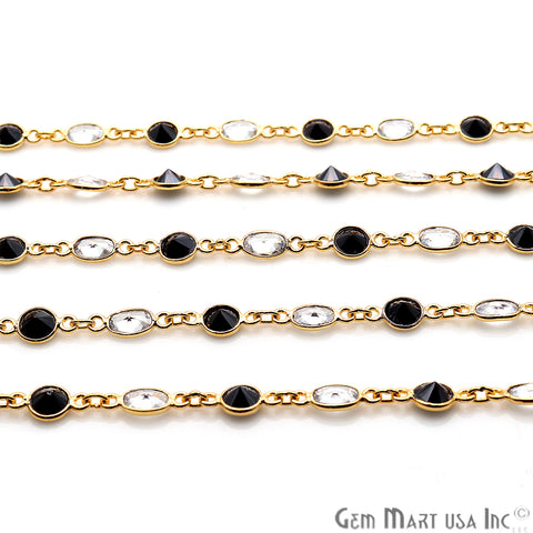 White Zirconia and Black Zirconia Gemstone Bezeled Gold Plated Continuous Connector Chain - GemMartUSA