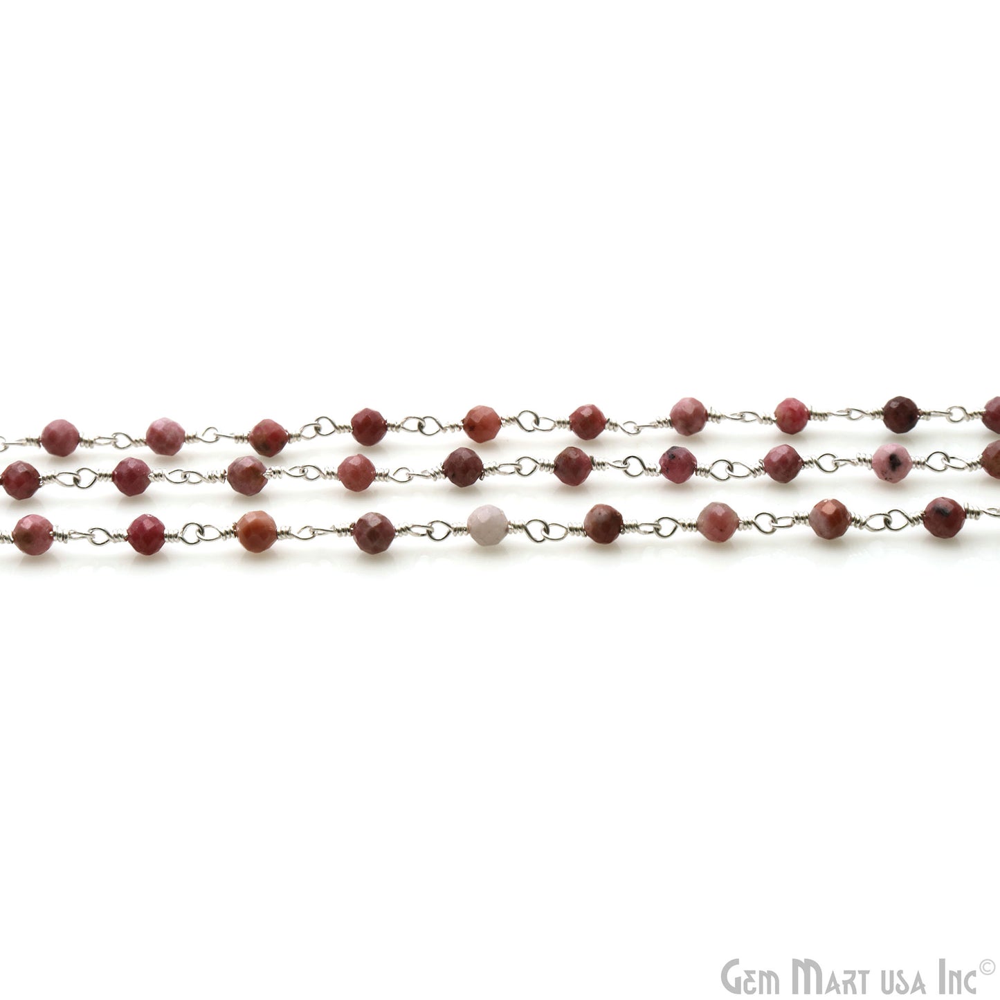 Strawberry Quartz Faceted 3-3.5mm Silver Wire Wrapped Beads Rosary Chain