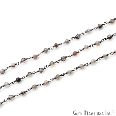 Brown Rutile Jade Faceted Beads 4mm Oxidized Plated Wire Wrapped Rosary Chain - GemMartUSA