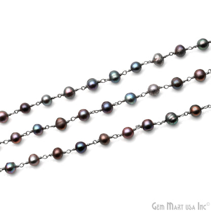 Black Freshwater Pearl 6mm Round Beads Oxidized Rosary Chain