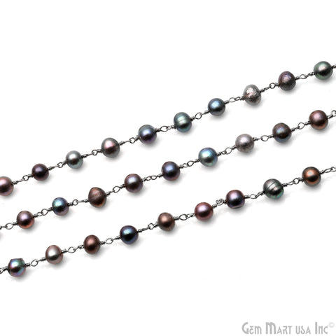 Black Freshwater Pearl 6mm Round Beads Oxidized Rosary Chain