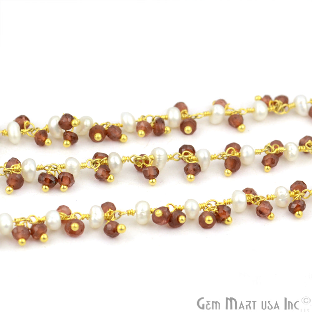 Garnet With Pearl Faceted Beads Gold Wire Wrapped Cluster Dangle Chain - GemMartUSA (764170567727)