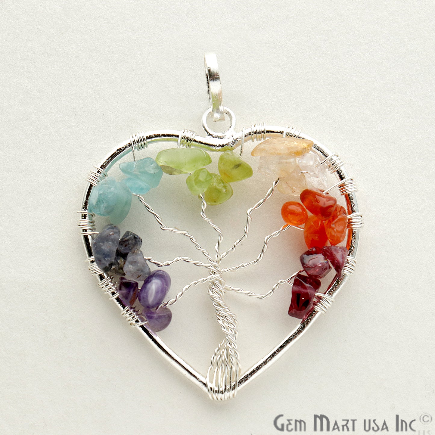 Tree of Life Multi Color Silver Heart 41x39mm Gemstone Healing Pendant - GemMartUSA