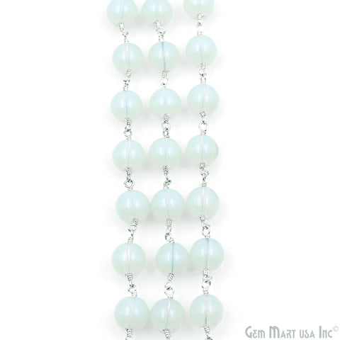 White Opal Smooth Beads 8mm Silver Plated Wire Wrapped Rosary Chain