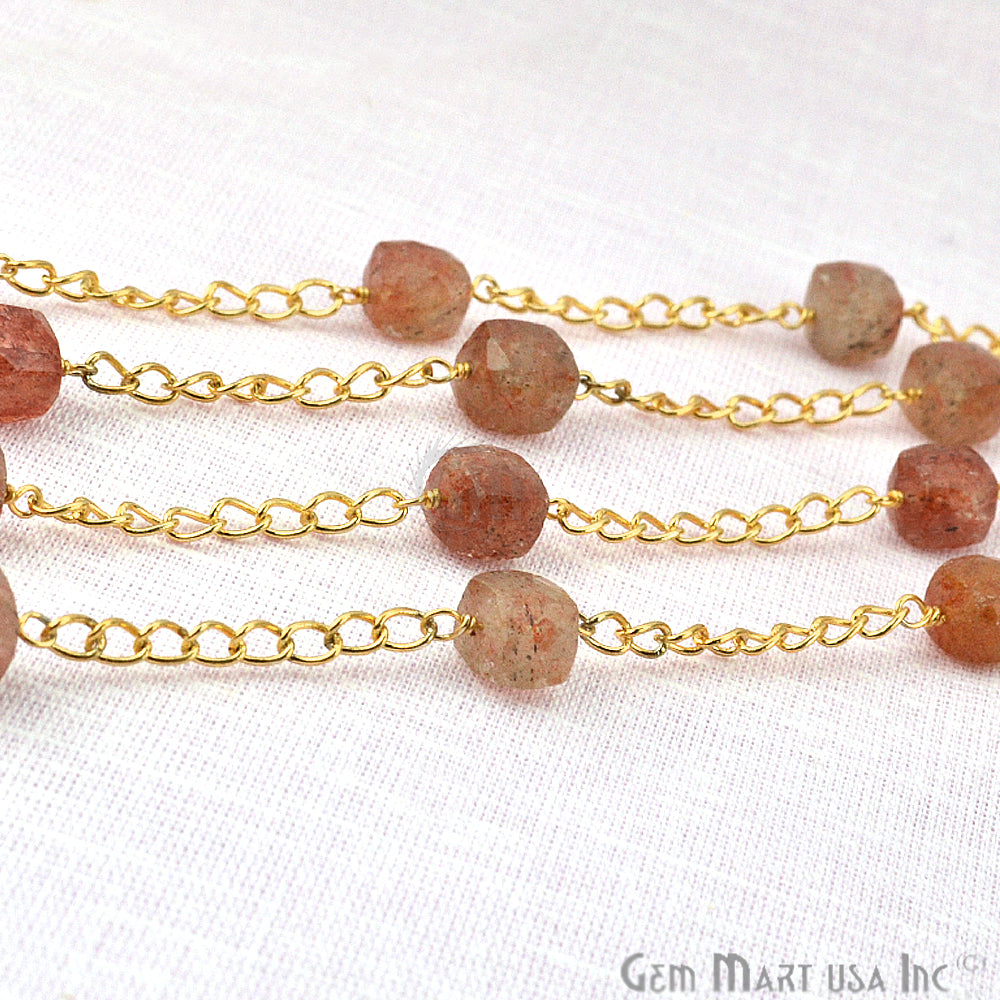 Strawberry Quartz Beads Chain, Gold Plated Wire Wrapped Rosary Chain - GemMartUSA (763698413615)
