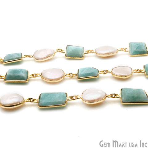 Amazonite And Pearl Bezel Gold Plated 10-15mm Continuous Connector Chain - GemMartUSA