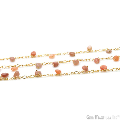 Peach Moonstone Tumble Beads 8x5mm Gold Plated Cluster Dangle Chain