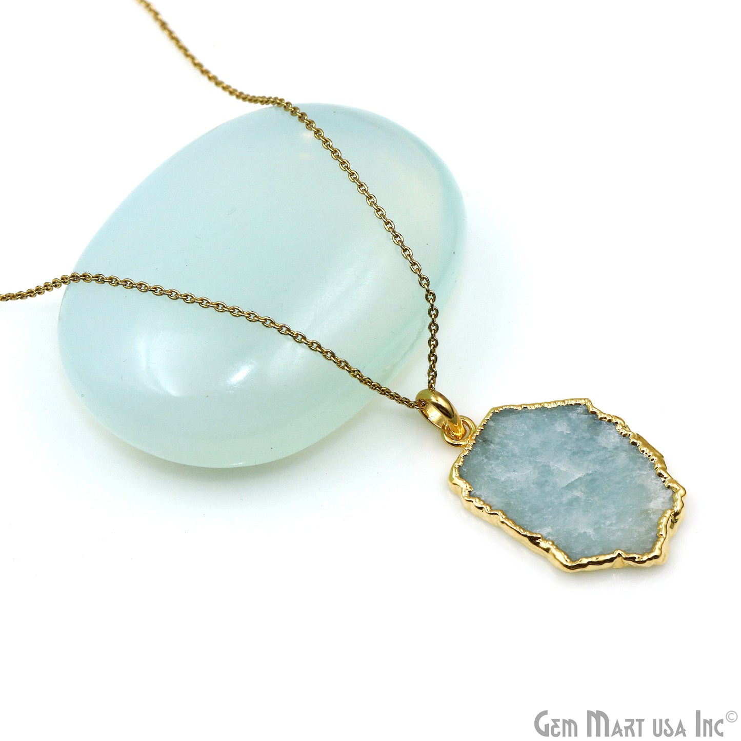 Aquamarine Free Form shape 36x24mm Gold Electroplated Gemstone Single Bail Pendant