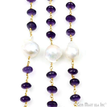 Amethyst 8-9mm & Pearl 17x12mm Beads Gold Plated Rosary Chain