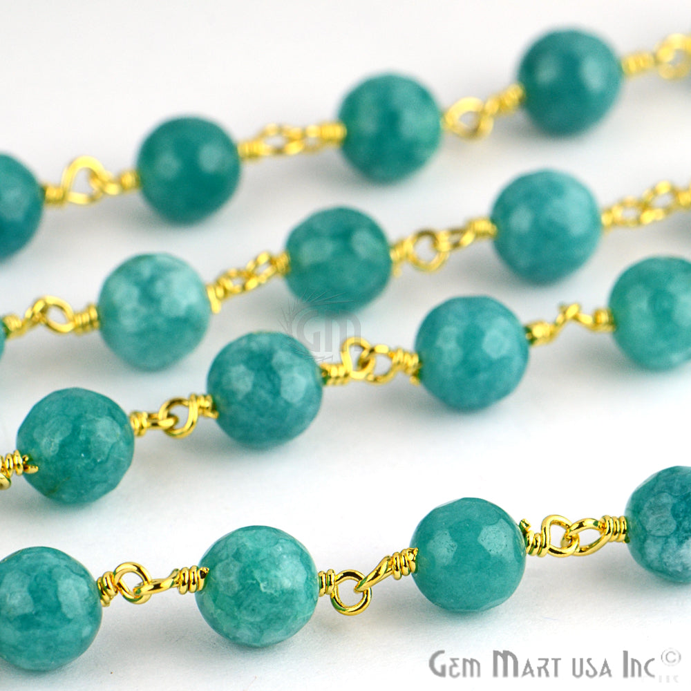 Turquise Green Jade Faceted Beads 8mm Gold Plated Wire Wrapped Rosary Chain - GemMartUSA