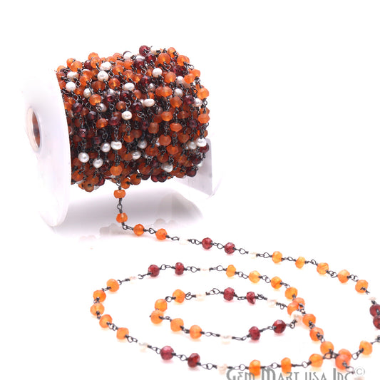 Carnelian, Garnet & Pearl Multi Gemstone Beaded Wire Wrapped Rosary Chain - GemMartUSA