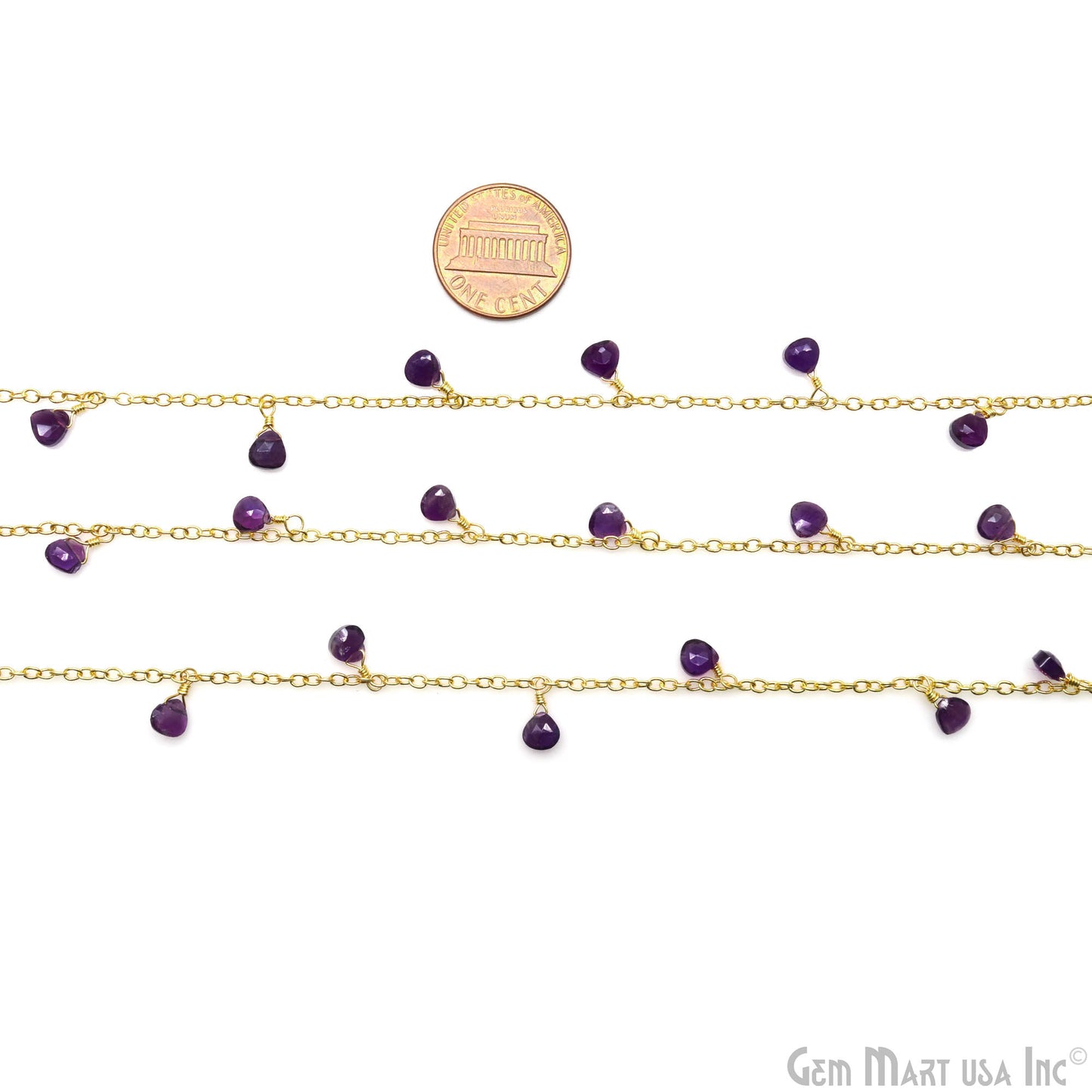 Amethyst Heart 5mm Gold Wire Wrapped Dangle Rosary Chain