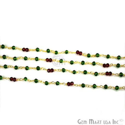 Emerald With Garnet Zircon Beads Rosary Chain, Gold Plated Wire Wrapped Rosary Chain