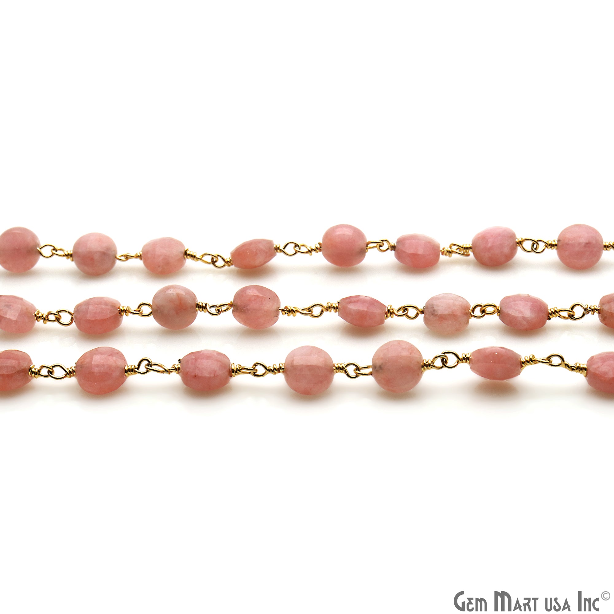 Rhodochrosite Coin Faceted 6mm Gold Wire Wrapped Rosary Chain - GemMartUSA