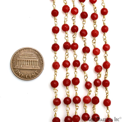 Red Jade Faceted Round 4mm Beads Gold Plated Wire Wrapped Rosary Chain