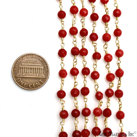 Red Jade Faceted Round 4mm Beads Gold Plated Wire Wrapped Rosary Chain