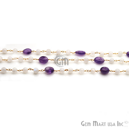 Rainbow Moonstone & Amethyst Gemstone Gold Plated Wire Wrapped Rosary Chain