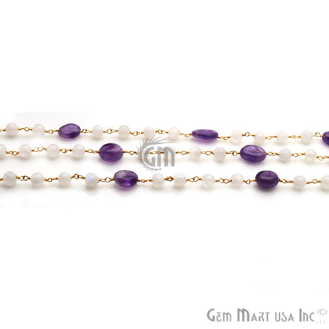 Rainbow Moonstone & Amethyst Gemstone Gold Plated Wire Wrapped Rosary Chain