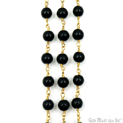 Black Tourmaline Cabochon Beads 6mm Gold Plated Gemstone Rosary Chain