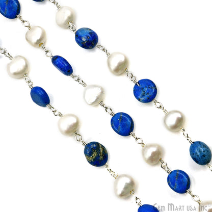 Lapis Tumble Beads 8x5mm & Pearl 7-8mm Beads Silver Plated Rosary Chain