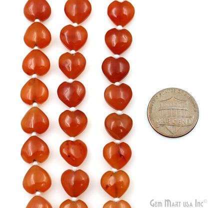 Carnelian Heart Beads, 7 Inch Gemstone Strands, Drilled Strung Briolette Beads, Heart Shape, 10mm