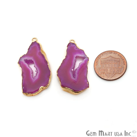 Agate Slice 34x17mm Organic Gold Electroplated Gemstone Earring Connector 1 Pair - GemMartUSA