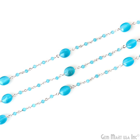 Turquoise Blue Monalisa 10x7mm Smooth Tumble Beads & 2.5-3mm Round Beads Silver Plated Rosary