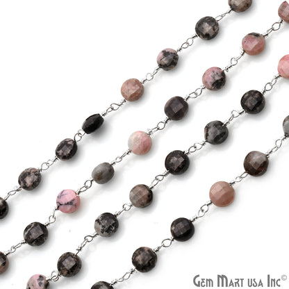 Rhodonite Coin Faceted 6mm Silver Wire Wrapped Rosary Chain - GemMartUSA