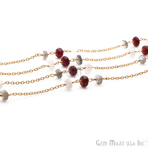 Multi Color Gemstone 5-6mm Beaded Gold Plated Wire Wrapped Rosary Chain - GemMartUSA