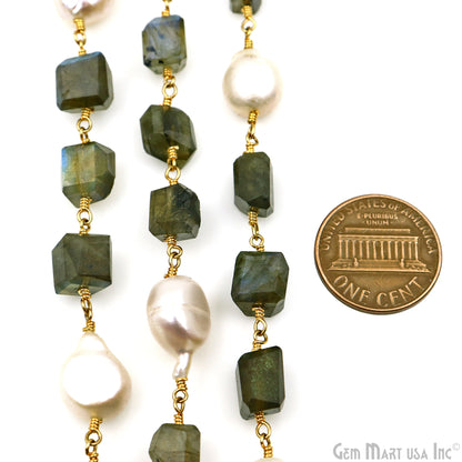 Labradorite With Pearl Freeform Shape Gold Plated Wire Wrapped Beads Rosary Chain