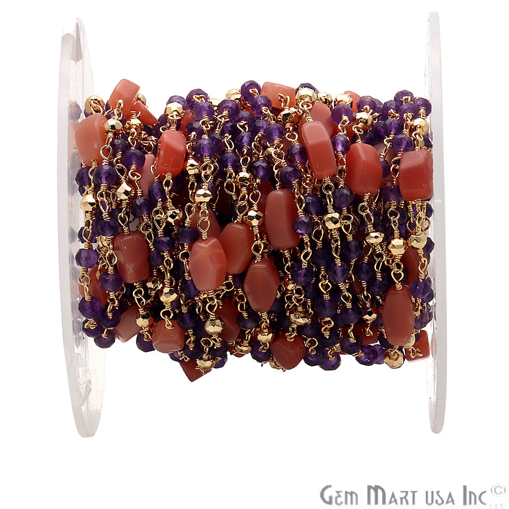 Moonstone, Amethyst & Golden Pyrite Multi Gemstone Beaded Wire Wrapped Rosary Chain - GemMartUSA
