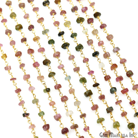 Multi Tourmaline Cabochon 3-3.5mm Gold Wire Wrapped Rosary Chain
