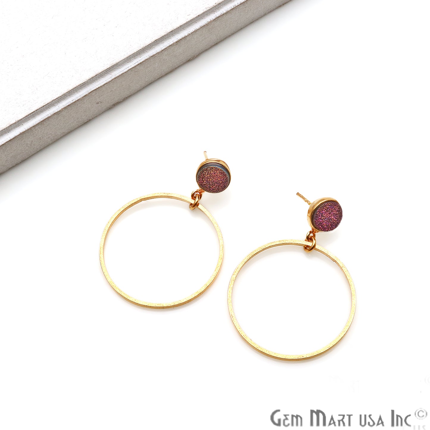 Round Druzy 43x30mm Gold Plated Dangle Hoop Stud Earring (Pick Color) - GemMartUSA