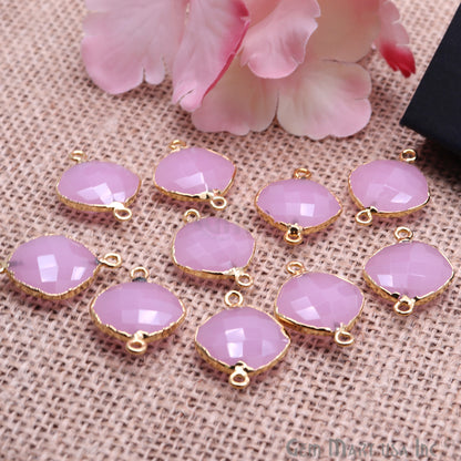 Rose Chalcedony 16mm Cushion Gold Electroplated Double Bail Gemstone Connector - GemMartUSA