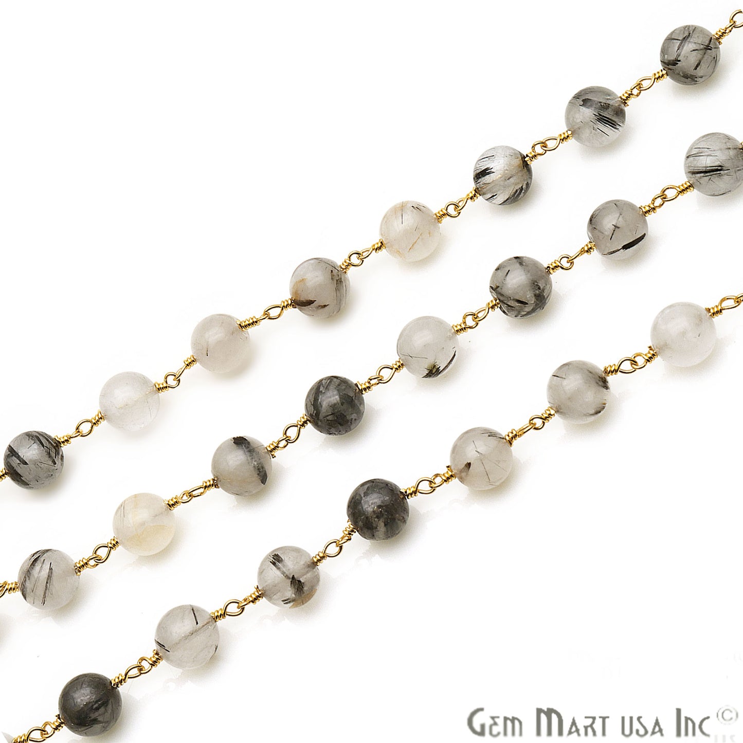 Rutilated Smooth Beads 8mm Gold Plated Wire Wrapped Gemstone Rosary Chain - GemMartUSA