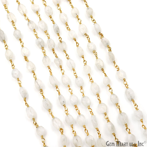 Rainbow Moonstone Faceted Beads 6x8mm Gold Wire Wrapped Rosary Chain