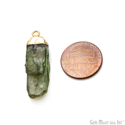 Green Kyanite Gemstone 34x10mm Organic Shape Gold Edged Single Bail Connector Charm